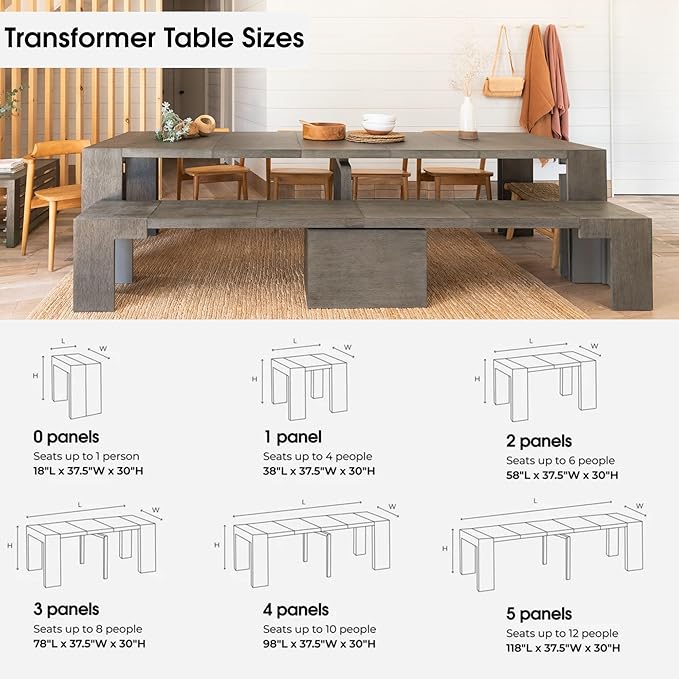 Transformer Table - Solid Wood Extendable Dining Table, Seats 2-12, Extendable Dining Room Table, Space-Saving Furniture, Expandable Dining Furniture (Dark Grey, Table Only)