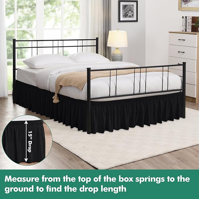 Biscaynebay Wrap Around Bed Skirts with Split Corners for Queen Beds 15" Drop, Black Adjustable Elastic Dust Ruffles Easy Fit Wrinkle Resistant Silky Luxurious Fabric Machine Washable