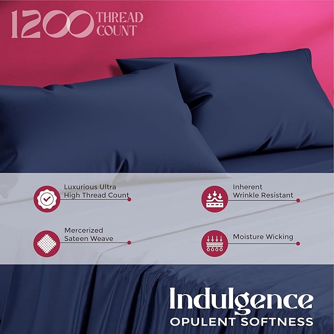 Mayfair Linen 100% Egyptian Cotton Sheets King Size - 1200 Thread Count King Size Sheets Set Egyptian Cotton, 4 PC Luxury Bedsheet (Navy Blue), Soft, Cooling, 17" Deep Pocket Sateen Weave Bedsheet Set