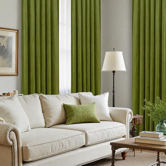 LAMIT Moss Green Velvet Curtains for Living Room, 120 Inches Thermal Insulated Room Darkening Panels Super Soft Back Tab and Rod Pocket Window Drapes for Bedroom, 2 Panels, 52 x 120 Inch