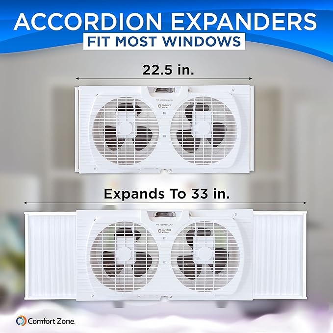 Comfort Zone Twin Window Fan with Reversible Airflow Control, 9 inch, Auto-Locking Expanders, 2 Speed Fan, Dual Fan, Exhaust, Airflow 9.84 ft/sec, Ideal for Home, Kitchen, Bedroom & Office, CZ319WT