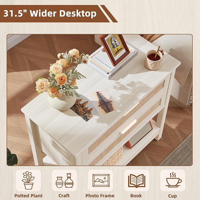 LEYAOYAO 31.5" Wide Rattan Night Stand, Oversized Large Boho Nightstand with 2 Drawer, Grey White Bed Side End Tables with Storage Shelf, Tall Bedside Table for Bedroom Living Room, Hallway