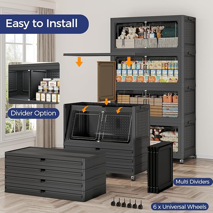 640 QT Extra Large Stackable Storage Bins with Lid, 160 Gal Collapsible Storage Box with Wheels, Folding Closet Organizers and Storage Cabinet with Doors for Home, Kitchen, Office, 4Pack Black