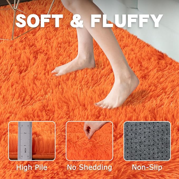 Round Orange Rug for Bedroom, 8 ft Circle Area Rugs for Living Room, Soft Large Fluffy Shag Carpet for Teen Girls Boys Nursery Room Dorm Home Decor Aesthetic