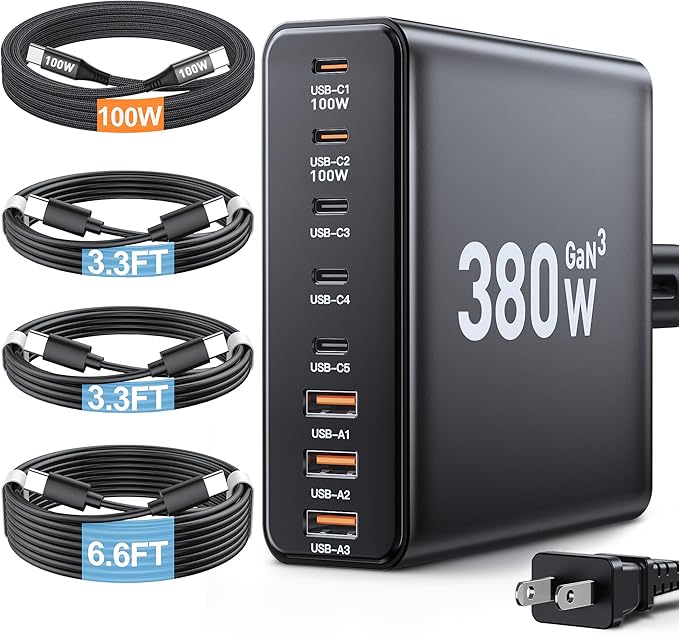 380W USB C Charger Block,with 4 USB Cables 8-Port USB C Charging Station Dual 100W Laptop Charger Fast Charger Type C Charging Block for MacBook Pro, Dell XPS, iPhone, iPad, Tablet (Bright Black)