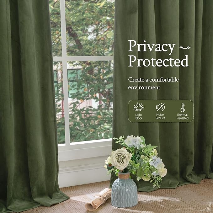 LAMIT Sage Green Velvet Curtains 120 Inch for Living Room, Vintage Thermal Room Darkening Panels Back Tab and Rod Pocket Noise Reducing Drapes for Bedroom/Farmhouse, 2 Panels, 52 x 120 Inch