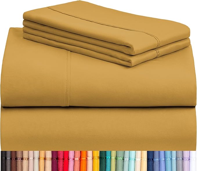 LuxClub 4 PC Full Sheet Set, Deep Pockets Wrinkle Free Cooling Bed Sheets Hotel Bedding for Women, Men, Kids & Teens, Includes 1 Fitted Sheet, 1 Flat Sheet and 2 Pillowcases-Soft Medallion Gold