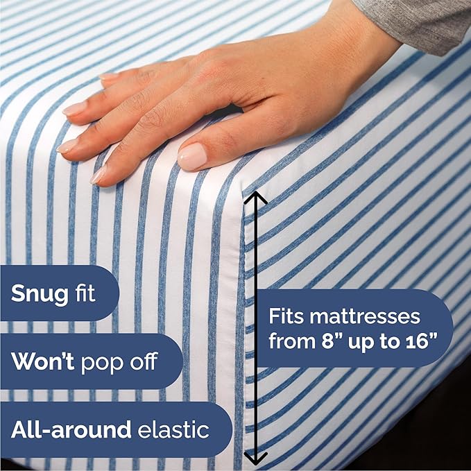 Queen 6 Piece Sheet Set - Cooling, Comfy & Breathable - Hotel Luxury Bedding, Includes Fitted Sheet for Women, Men, Kids & Teens - 1 Flat, 1 Fitted Sheet, 4 Pillowcases w/Deep Pockets - Blue Stripes