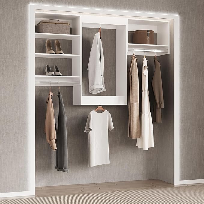 Tall Hanging Closet Unit, Modular Closet System, Wood Closet System Organizer with Storage for Walk in Closets, Clothing Rack Wardrobe Closet for Hanging Clothes, Bedroom, White, 34.5" W