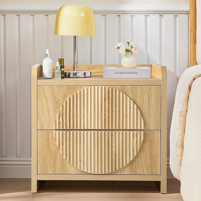 Turtle&Myrtle 24 Inch Wide Fluted Nightstands, Large Night Stand with 2 Drawers, Mid Century Modern Bedside Table End Table with Storage for Bedroom Living Room Office (Natural)