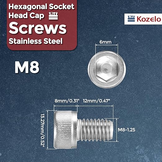 Kozelo 25pcs Socket Head Cap Screws - [M8-1.25 x 12mm] 304 Stainless Steel Allen Socket Drive for Electrical Motor 3D Printing Fan Engine Replacement Use, Silver