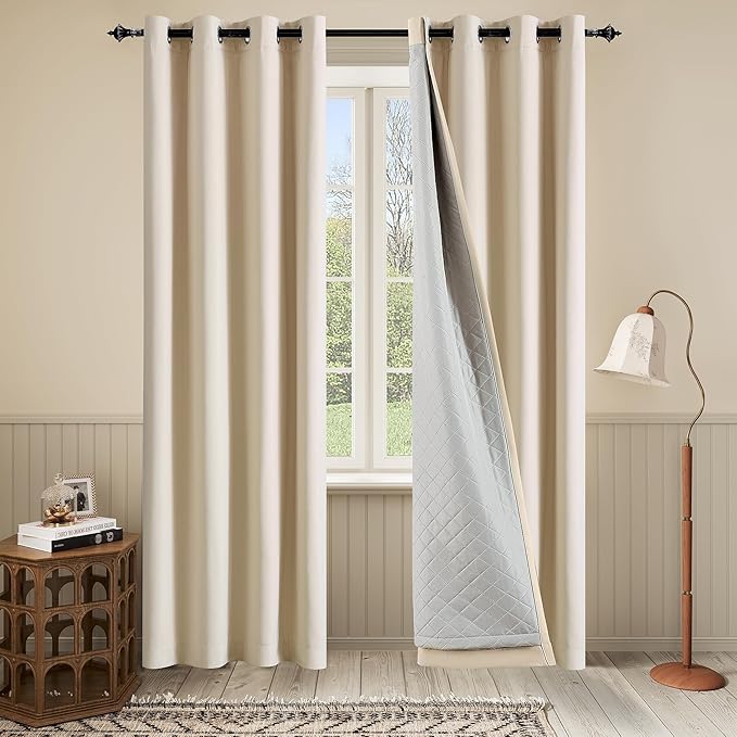 Soundproof Heavy Duty Curtains 3-in-1 Thermal 100% Blackout Curtains 50Wx120L for Bedroom Living Room 1 Panel Beige