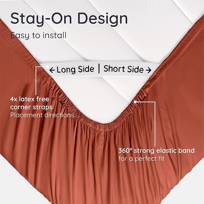 Bambaw 100% Viscose Derived from Bamboo Full Fitted Sheet Size, 15’’ Deep Pocket Full Fitted Sheets Only with Corner Straps, Cooling & Breathable (Terracotta)