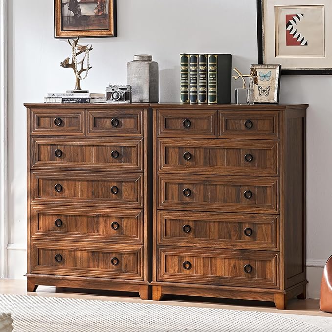 Farmhouse 6 Drawer Dresser for Bedroom Set of 2, 41" Tall Small Dressers & Chest of Drawers, Rustic Wood Dresser with Metal Handle, Storage Organizer Closet for Living Room, Hallway, Entryway