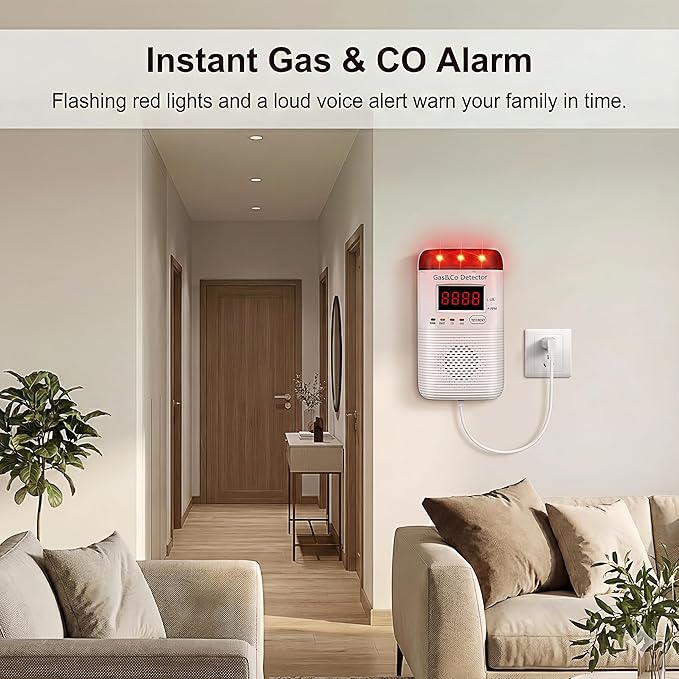 2 in 1 Gas and Carbon Monoxide Detector Plug in with Long Power Cord 85db Alarm Digital Display for Home Kitchen Basement Garage No Drill Wall Mount Installation