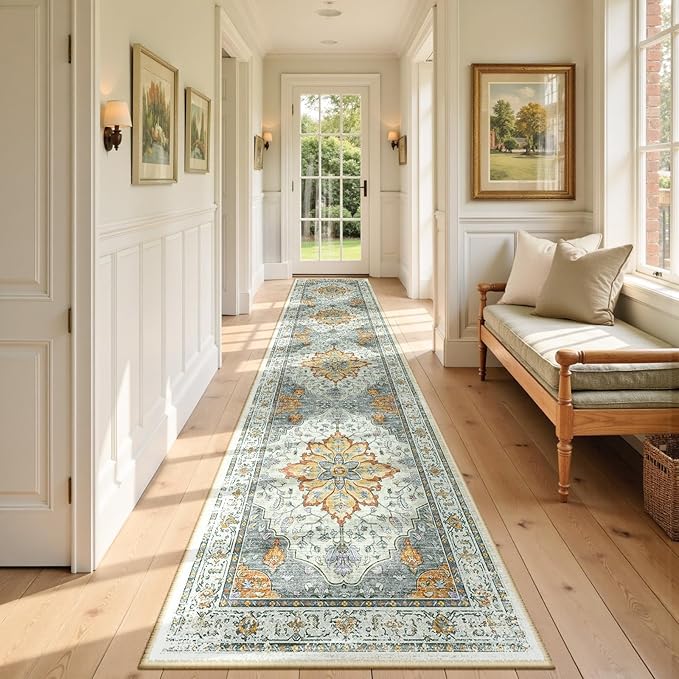 Area Rugs 2'6''x14' Washable Non-Slip, Floral Vintage Distress Print Pattern Medallion Carpet for Living Room Bedroom Dining Room, Light Yellow Carbon Grey Orange