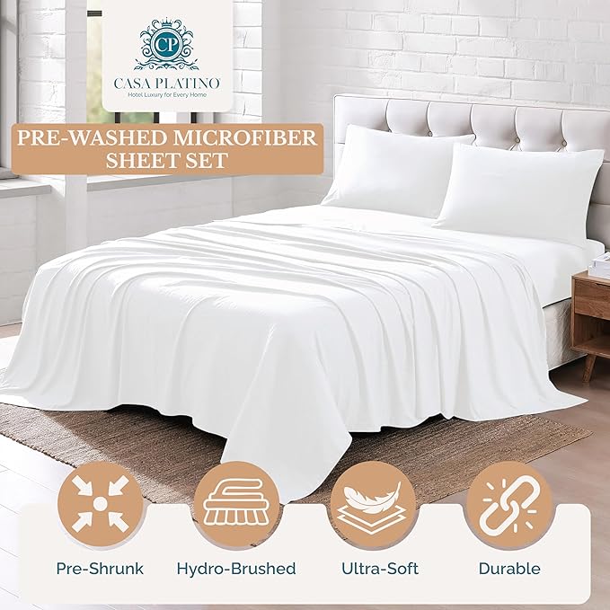 Casa Platino Bedding Sheets & Pillowcases, 100% Brushed Microfiber Pre-Washed Twin XL Sheets Set, 3 Piece Set, Ultra Soft and Breathable with 15" Deep Pocket, White Twin XL Sheets