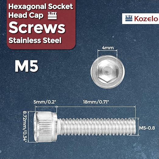 Kozelo 50pcs Socket Head Cap Screws - [M5-0.8 x 18mm] 304 Stainless Steel Allen Socket Drive for Electrical Motor 3D Printing Fan Engine Replacement Use, Silver