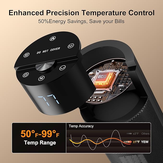 YEW Space Heater for Indoor Use, 34" Portable Electric Room Heater with Remote, 80° Oscillating, 24H Timer, Thermostat & ECO Mode, Ceramic Tower Heater for Large Room,Bedroom,Office
