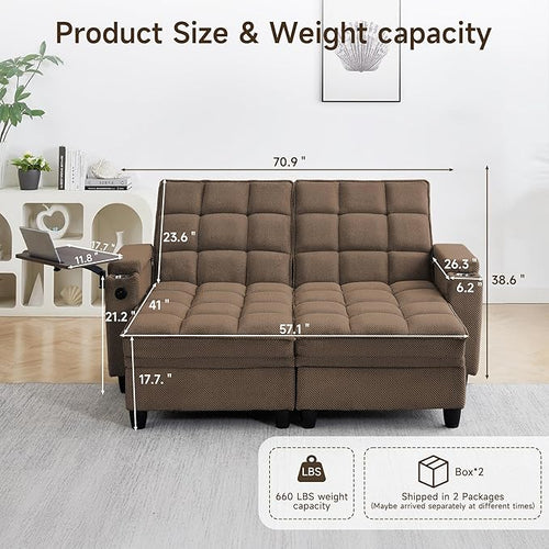 70.9" Chaise Lounge Chair Indoor, Oversized Boucle Upholstered Sofa Bed, Adjustable Backrest Deep Seat Reading Chair, Sofas Couches for Living Room with Storage, Cup Holders & 360° Swivel Side Table