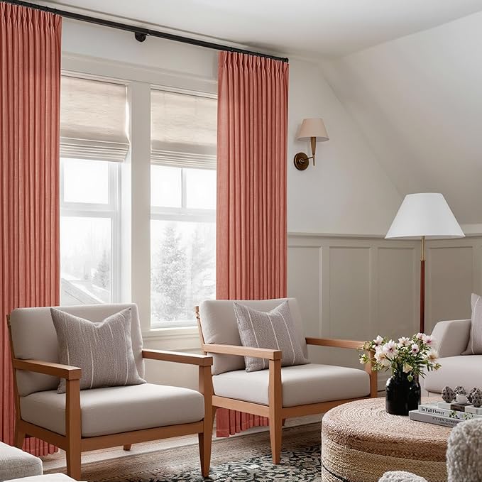 80 Inch Pinch Pleated Linen Curtains 2 Panels for Living Room Bedroom Boho Farmhouse Terracotta Semi Sheer Back Tab Pinch Pleat Hooks Rings Red Clay Window Curtain Burnt Orange Autumn Fall Decor