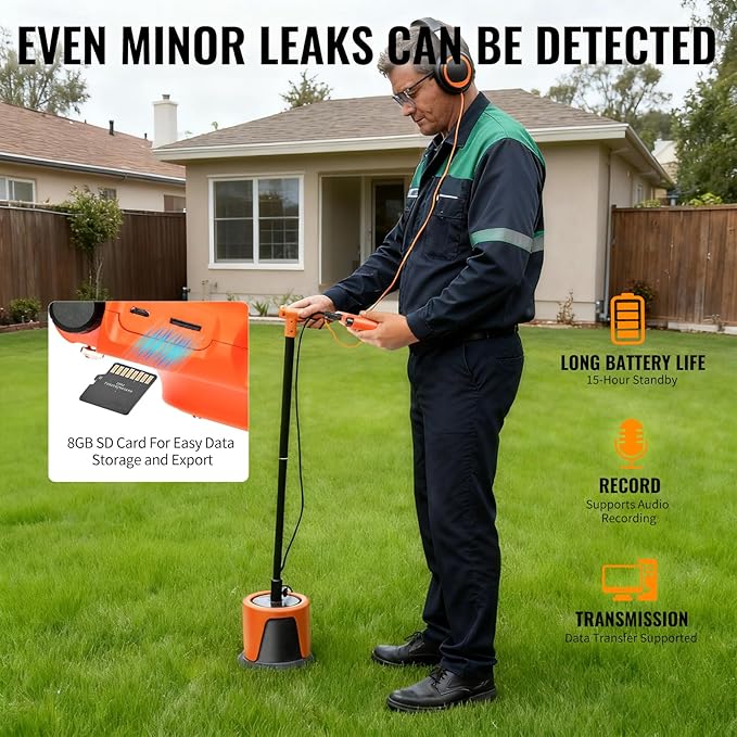 PQWT L6000 Acoustic Water Leak Detector for Outside Ground and Wall Water Pipeline Leakage Detection Kit Multi Sensor Professional Noise Reduction Headphone Smart Touchscreen Aluminum Carry Case