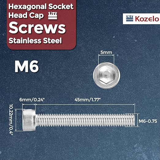 Kozelo 20pcs Socket Head Cap Screws - [M6-0.75 x 45mm] 304 Stainless Steel Allen Socket Drive for Electrical Motor 3D Printing Fan Engine Replacement Use, Silver