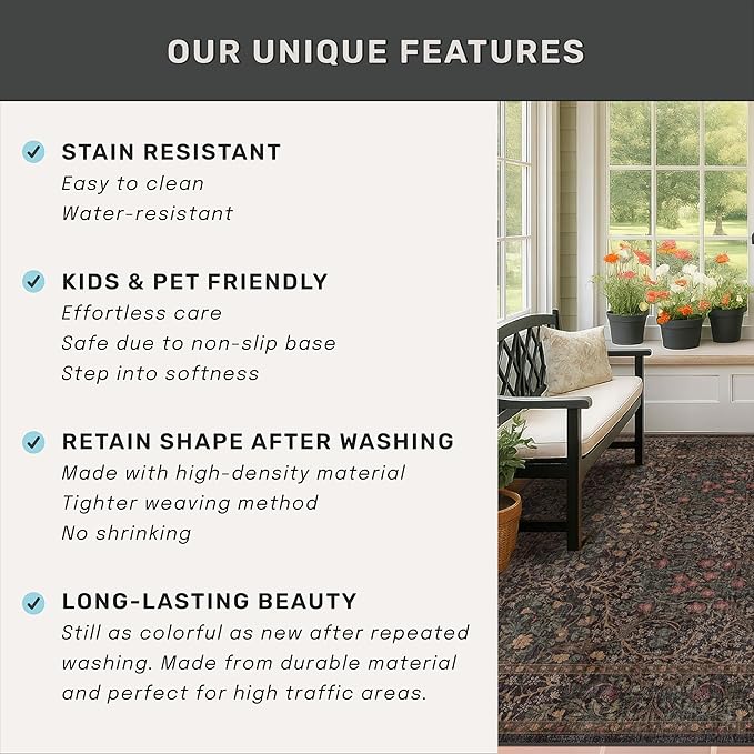 Dark Brown 2'6" x 8' Runner Rug for Hallways Non Slip, Extra Long Floor Runner for Kitchen, Entryway Indoor, Washable Rubber Backing Stain Resistant - Vintage Dark Green Botanical Floral Décor