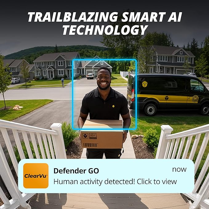 Defender GO 2K AI Powered WiFi Indoor/Outdoor Home, Business, Pet, Baby Security Camera, AI Detection, Dual Band, Spotlight/Siren, Color Night Vision, 2-Way Talk, Works with ClearVu App, 4 Pack