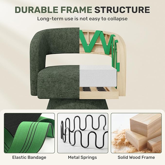 Swivel Accent Chair, Modern Comfy Chenille Barrel Chairs, Oversized Upholstered Round Arm Chair for Living Room, Bedroom, Reading Room, Green, 1 PCS