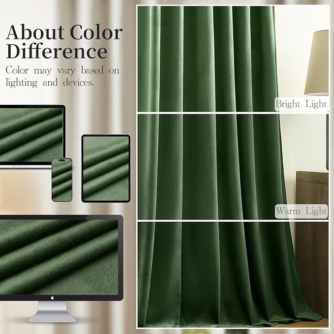 AUSSPVOCT Olive Green Velvet Curtains 96 Inches for Bedroom, Thermal Insulated Soft Room Darkening Curtains Luxury Window Drapes for Living Room Nursery, Back Tab Rod Pocket, W52 x L96, 2 Panels