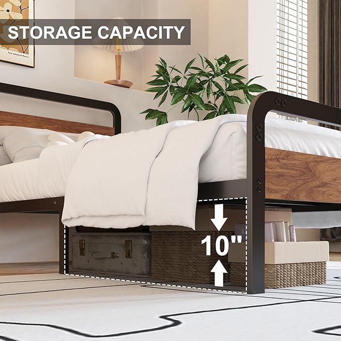 12 Inch Twin Bed Frames with Wooden Headboard and Footboard, No Box Spring Needed, Heavy Duty Metal Mattress Foundation, Noise Free, Easy Assembly, Black