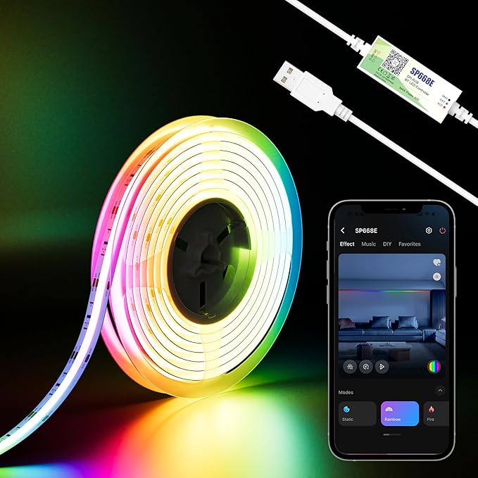 MIWISE 5V USB COB LED Strip Lights,RGB Smart IC LED Strip with App Control,Bluetooth Addressable Music Sync Color Changing Strip Lights,3M Back-Adhesive for Gaming Room PC Home Decor 6.56ft