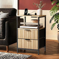 VINGLI Night Stand with Charging Station, Fluted Nightstand Oak with Drawers Fabric, Bed Side Table/End Table for Bedroom, 14.96" W*11.81" D*23.78" H