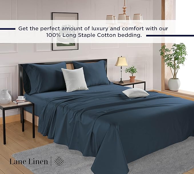 LANE LINEN California King Sheets Sets - 4 PCs. 600 Thread Count Cal King Sheet Set - 100% Cotton Sheets Cal King - Ultra Soft, Sateen Weave California King Bed Sheets Set - Denim