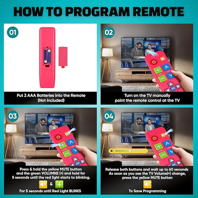 EZclicker Plus Big Button Universal TV Remote (Pink) Simple Easy to Use, Works with Major TV Brands (2xAAA Batteries Not Included)