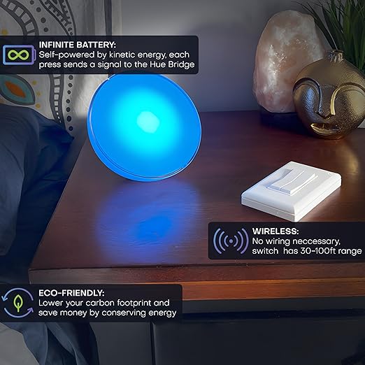 RunLessWire Click for Philips Hue – Battery-Free Wireless Smart Light Switch, 30ft Range – Works Natively with Philips Hue Bridge – Wall Mount Kinetic Switch - Decora Style, Brown