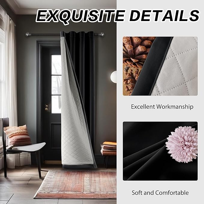 Soundproof 3-in-1 100% Blackout Curtains for Bedroom Living Room with Thermal Curtains for Winter Black 50x120 Inch,1 Panel