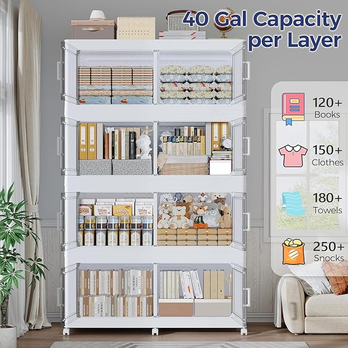 800 QT Extra Large Stackable Storage Bins with Lid, 200 Gal Collapsible Storage Box with Wheels, Folding Closet Organizers and Storage Cabinet with Doors for Home, Kitchen, Office, 5Pack White