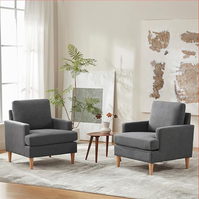 VKNOW Mid-Century Accent Chairs Set of 2, No Tools Assembly Required, Modern Upholstered Polyester Armchairs for Living Room & Bedroom, Comfortable Reading Chairs with Wood Legs, Dark Grey