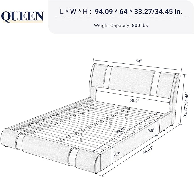 Allewie Queen Bed Frame with Iron Piece Decor, Faux Leather Upholstered Platform Bed with Adjustable Headboard & Strong Wooden Slats, No Box Spring Needed, Black