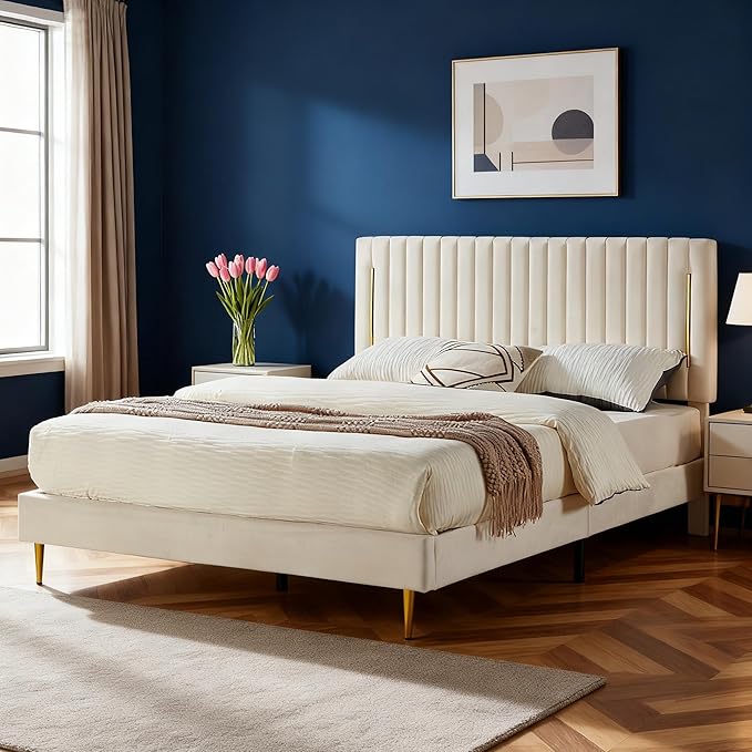 King Platform Bed Frame, Velvet Upholstered Bedframe with Vertical Channel Adjustable Headboard, Golden Plating Trim, Mattress Foundation with Wooden Slats, No Box Spring Needed, Beige