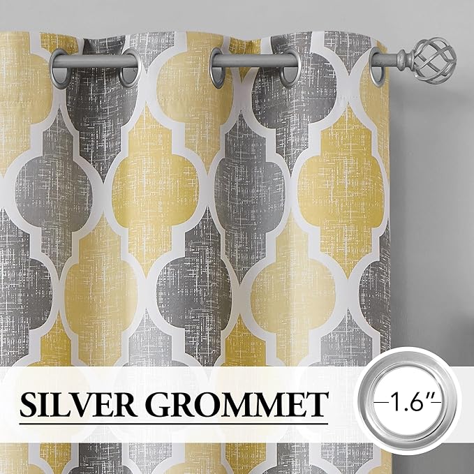 Beauoop 100% Blackout Curtains 63 Inches Long 2 Panels for Bedroom Living Room Yellow Grey Moroccan Geo Room Darkening Thermal Insulated Soundproof Grommet Top Window Treatments Drapes, 50x63 Set of 2