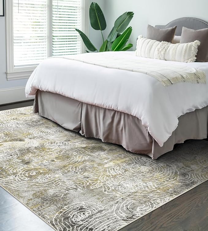 5x7 Area Rugs - Ultra-Thin Washable Rug with Non-Slip Backing, Ideal for Living Room, Bedroom, Kitchen Floor Carpet - Modern Abstract Style, Easy Clean, Durable, Mustard