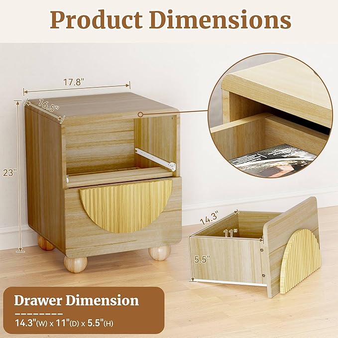 23" Fluted Nightstand with Solid Wood Legs Set of 2, Modern Style Natural Bedside Table with Round Moon Handle & Storage, Mid Century Cute Night Stand for Bedroom, Side Table, End Table
