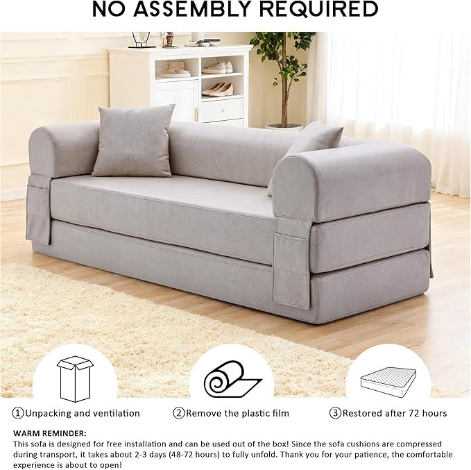 78.5" Convertible Sleeper Sofa Bed, Faux Leather Folding Floor Sofa with Pullout Bed&2 Pillows, No Assembly Modern Boneless Couch Compression Sofa in Box with Storage Pocket for Living Room, Beige