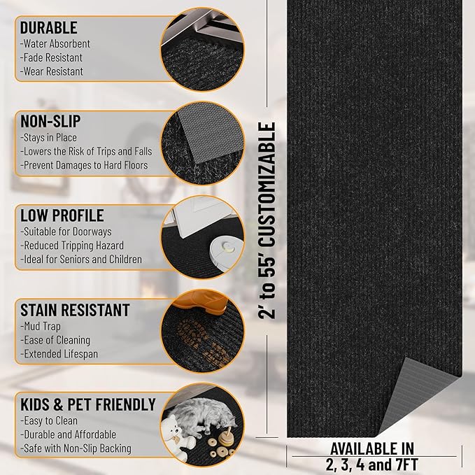 Ottomanson 2' x 13' Hallway Runner with Scraper Pile Extra Durable Non-Slip Rug Mat for Indoor & Outdoor Use - Ideal for Kitchen, Entryway, Patio & Garage - High-Traffic Carpet, Black