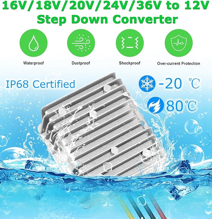 EAGWELL DC 8-40V to 12V Converter 6A 72W Step Down Converter Voltage Reducer IP68 Waterproof Transformer for Golf Cart Truck Boat Vehicle