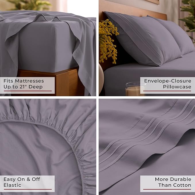 Mellanni Queen Sheet Set - 6-Piece Iconic Collection Bedding, (Including 4 Pillowcases), 21-Inch Extra Deep Pocket, Easy Care, Ultra Soft, Cooling Sheets, Brushed Microfiber - Hazy Lilac
