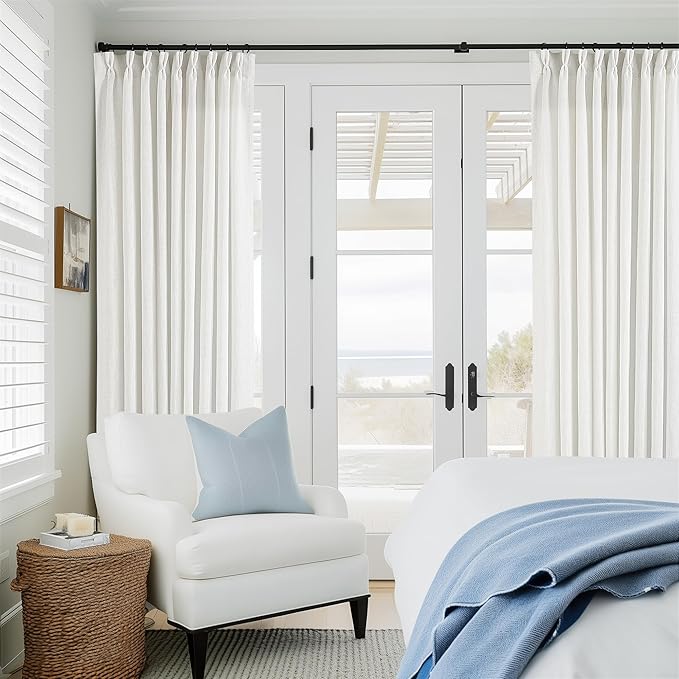 Extra Wide Pinch Pleat Curtains 84 Inches Long for Patio Sliding Glass Door Ivory Linen 60 Inch Wide Curtain Memory Trained Pleated Drapes with Hooks Rings Semi Sheer 60x84 Curtain for Large Window